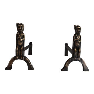 Bronze Andirons with Seated Shamans, Monogramed by Anton Prinner - A Pair For Sale