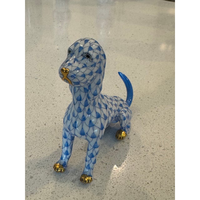 Herend Classic Sapphire Blue Fishnet Pattern Herend Hand Painted Sitting Dog Domestic Animal Figurine W/ 22k Gold Accents For Sale - Image 4 of 11