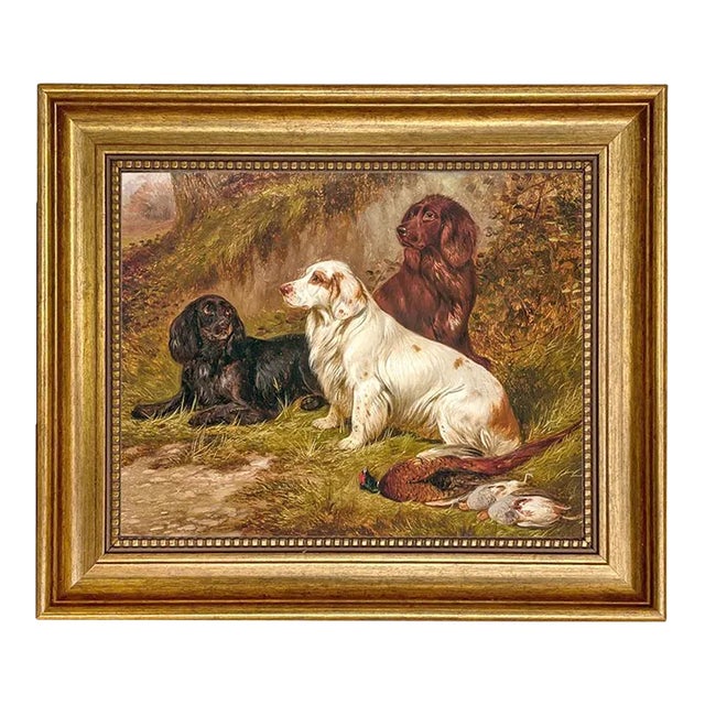 "Spaniels at Rest" Contemporary Reproduction Print on Canvas After Colin Graeme, 8x10, Antiqued Gold Frame For Sale