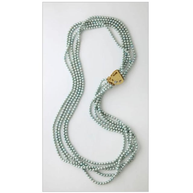 Kai-Yin Lo 5 Strand Cultured Pearl Necklace 14 Kt Gold and Diamond Clasp For Sale - Image 9 of 10