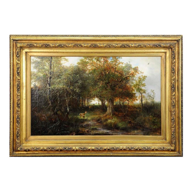 Deer with Doe and Fawn in the Forest by Ludwig Sellmayr, 1880s For Sale