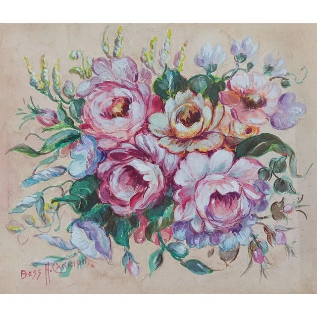 Vintage Pink Roses Gouache Painting For Sale - Image 4 of 4