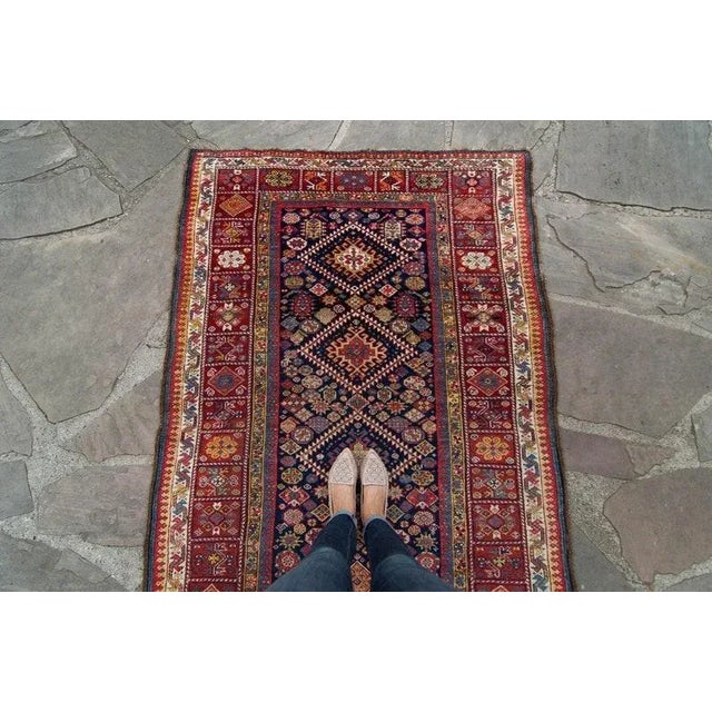 1890s Antique Wide Geometric Botanical Red & Navy Hand Knotted Wool Pile Runner Rug - 4’7” x 10’9” For Sale - Image 4 of 11