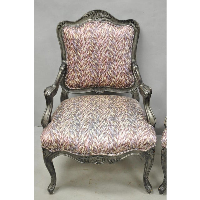 Rococo Vintage Italian Baroque Rococo Style Silver Leaf Gilt Lounge Arm Chairs - A Pair For Sale - Image 3 of 18