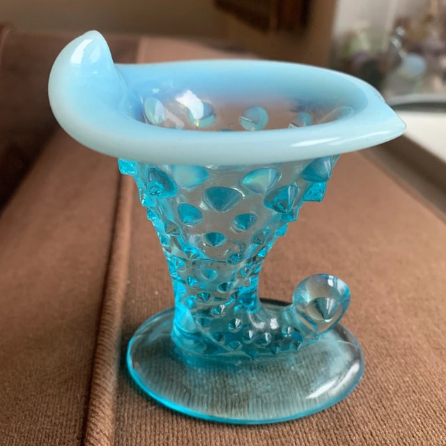 Mid 20th Century Small Vintage Blue and Opalescent Hobnail Glass Cornucopia Horn For Sale - Image 5 of 13