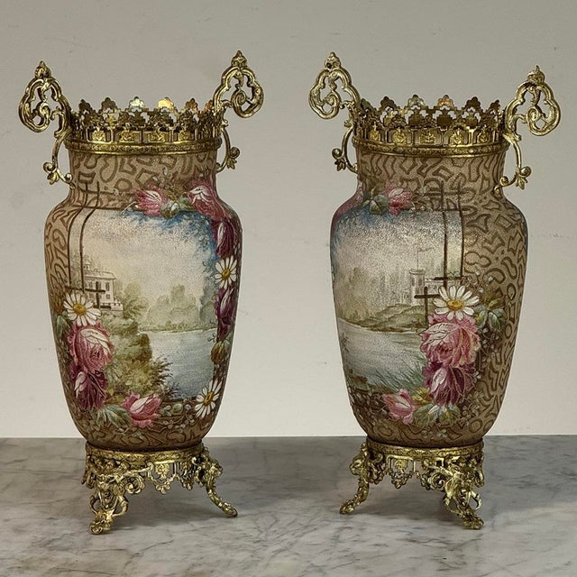 Late 19th Century Pair of 19th Century French Gilt Bronze Mounted Hand-Painted Porcelain Vases by Royal Bonn For Sale - Image 5 of 18