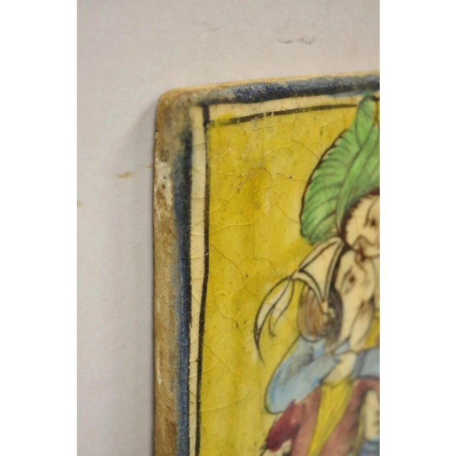 Ceramic Antique Persian Iznik Qajar Style Ceramic Yellow Pottery Tile Loving Couple B C5 For Sale - Image 7 of 10