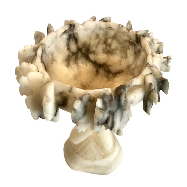 Alabaster Antique Miniature Italian Alabaster Pedestal Bowl With Grapes and Dolphins For Sale - Image 8 of 11