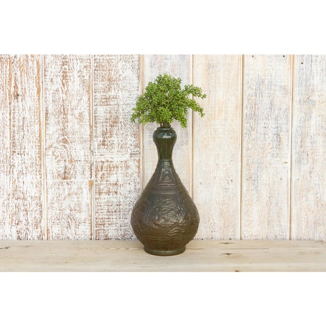 Dark Green Vintage Engraved Chinese Glazed Vase For Sale - Image 8 of 9