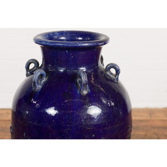 19th Century 19th Century Large Antique Thai Cobalt Blue Martaban Jar with Raised Motifs For Sale - Image 5 of 12