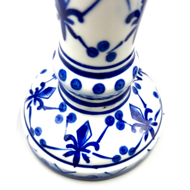 Paint Vintage French Fleur-De-Lis Blue & White Porcelain Candlesticks - A Pair For Sale - Image 7 of 8