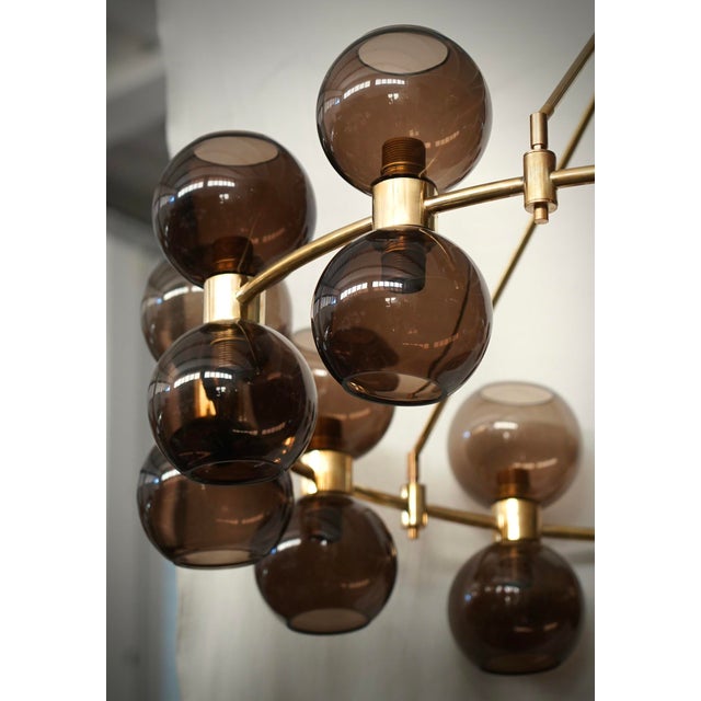 Mid-Century Modern Art Deco Round Art Glass and Brass Chandelier, 2000 For Sale - Image 3 of 10