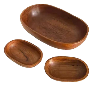 1970s Teak Wood Large Oval Salad Bowl Set, 3 Pieces