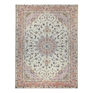 Persian Tabriz Rug, Hand-Knotted Wool & Silk, Fine Floral Pattern, Ivory & Pink, 7x10 For Sale