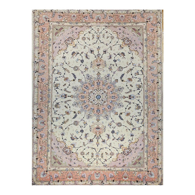Persian Tabriz Rug, Hand-Knotted Wool & Silk, Fine Floral Pattern, Ivory & Pink, 7x10 For Sale