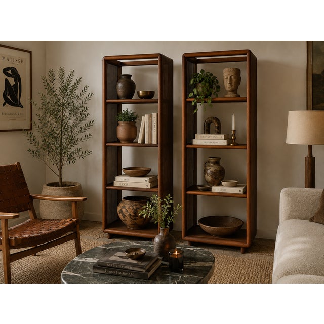 A striking pair of vintage Organic Modern or Mid Century étagère bookcases featuring tall sculptural wood frames with...
