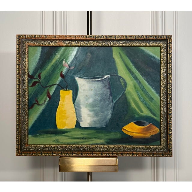 A trio of vessels encompass this modern expressionism still original oil painting on canvas board. Consisting of a blue...