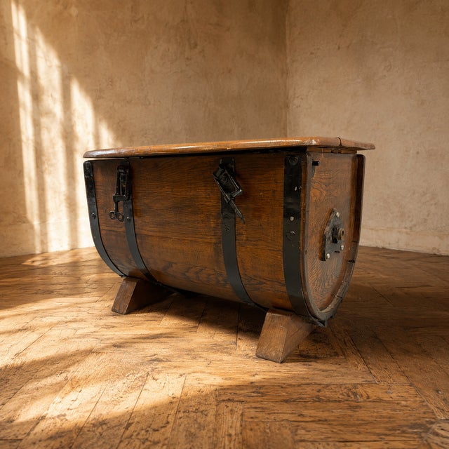Oak Barrel Form Storage Chest with Black Metal Straps, 1930s For Sale - Image 4 of 9