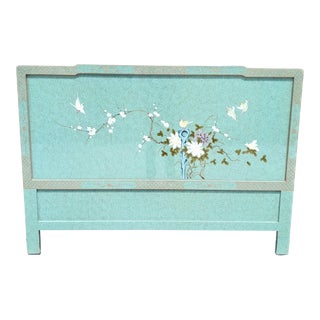 Vintage Double Sided Lacquered Chinoiserie Pagoda Bird, Bamboo Turquoise Queen Size Headboard For Sale