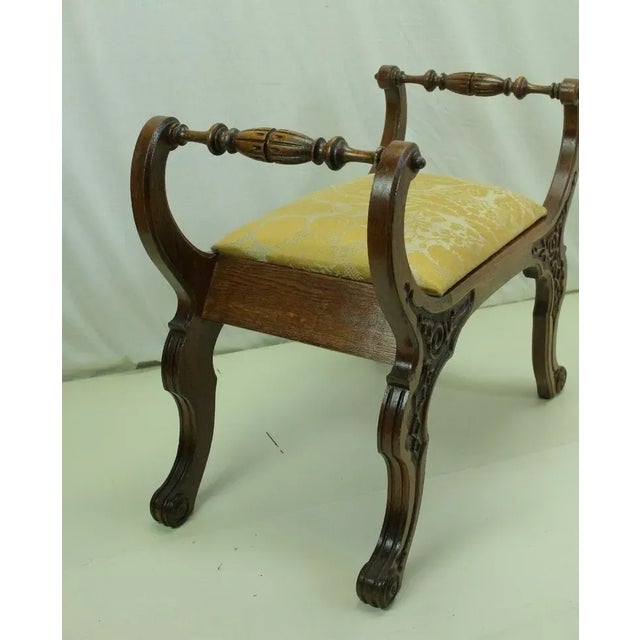 Early 20th Century Handsome Heavily Carved Solid Oak Jacobean Window Bench With Yellow Upholstery For Sale - Image 4 of 10
