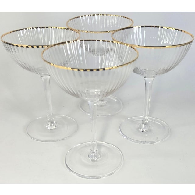 Mid 20th Century Gold Rimmed Ridged Hollywood Regency Champagne Coupes- Set of Four For Sale - Image 9 of 12