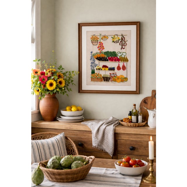 Vintage Crewel Embroidered Farmers Market Still Life Wall Art Kindly note photo number two (2) is a digital rendering...