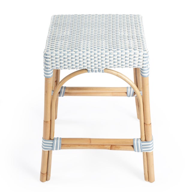 Spritely Home Accent Furniture Robias 24.5 in. Seat Height Rectangular Rattan Backless Counter Stool with Footrest, White/Sky Blue Dot / Natural Rattan Frame For Sale - Image 4 of 9