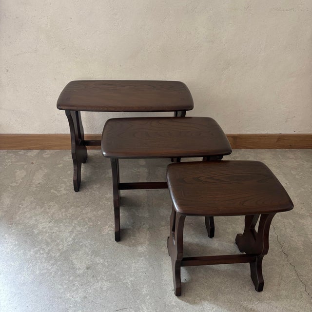 Wood Nesting Tables in Elm from Ercol, Set of 3 For Sale - Image 7 of 7