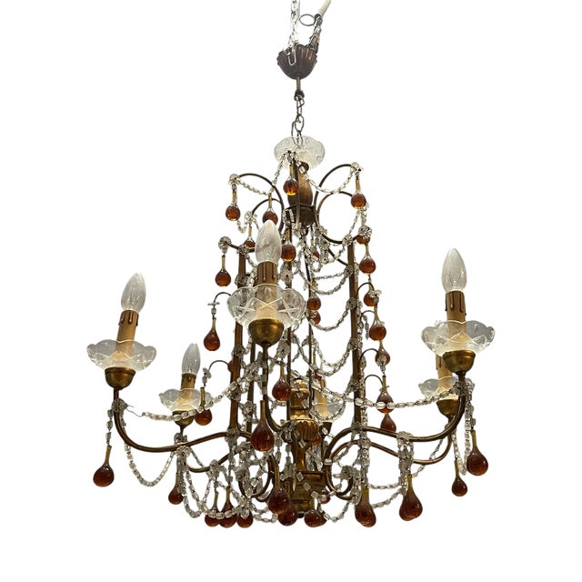 Italian Florentine Giltwood and Amber Murano Glass Drop 6-Light Chandelier, 1950s For Sale