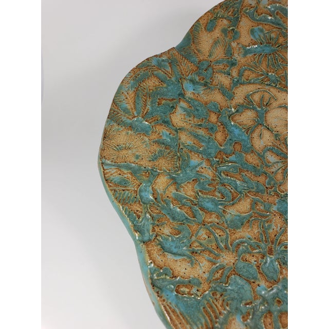 1990s Decorative Handmade Teal Floral and Geometric Pottery Plate/Bowl Signed For Sale - Image 6 of 10