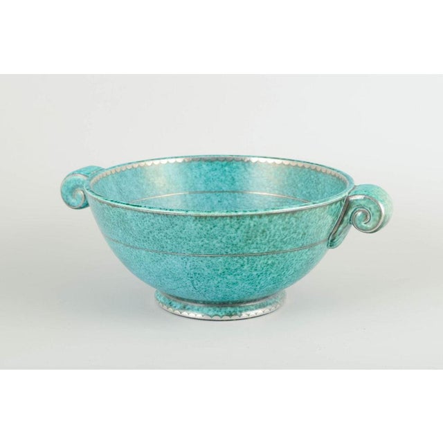 Wilhelm Kåge for Gustavsberg Art Deco bowl from the Argenta series, 1940s. Stoneware with turquoise glaze and inlaid...