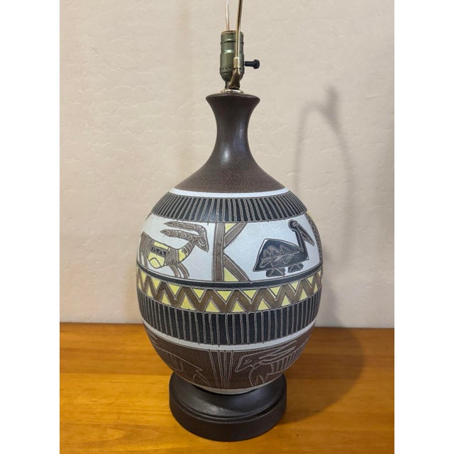 Brown Mid 20th Century Sgraffito Pottery Lamp Folk Art Style Birds Antelope For Sale - Image 8 of 12