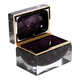 Hand Blown Murano Glass Box in Black With Bubbles and Brass Fittings For Sale