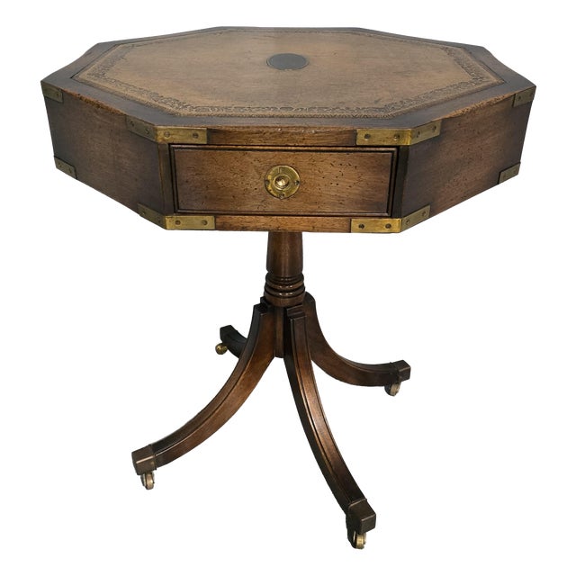 Vintage Campaign Drum Table, 1930 For Sale