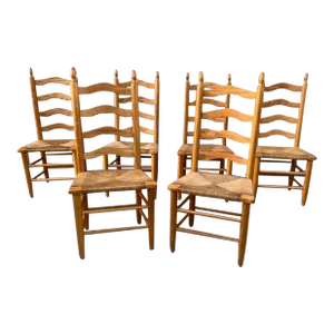 Late 20th Century Set of Six Handcrafted Oak High Ladder Back Rush Seat Dining Chairs