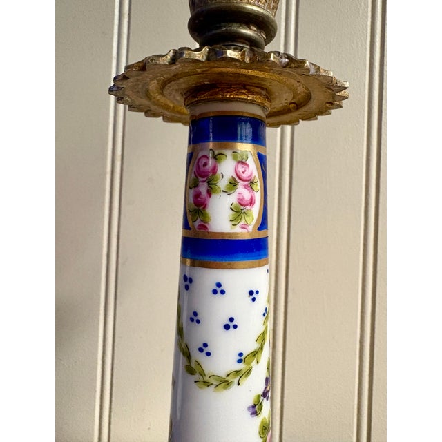 Antique Sèvres-Style Porcelain & Bronze Hand-Painted Candlesticks Pair Lp Paris For Sale In Aspen - Image 6 of 12