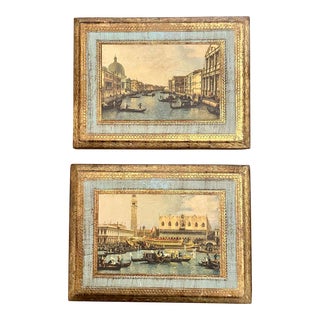 Mid 20th Century “Venice” Italian Gold Gilt Florentine Prints, a Pair For Sale