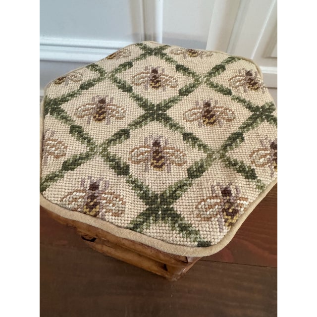 Vintage Burnt Bamboo Stool With Hand-Stitched Needlepoint Top For Sale In Orlando - Image 6 of 9