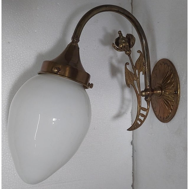 Art Nouveau Vintage Art Nouveau Wall Sconces Fixture Brass & Milk Glass Shade Ship Light For Sale - Image 3 of 6