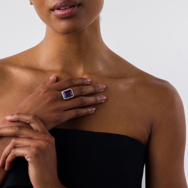 This beautiful contemporary amethyst and diamond cocktail ring is a bold and elegant design from the 2020’s, centered by...