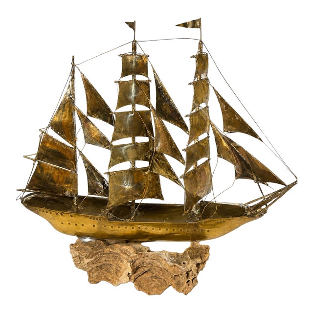 Vintage Brass Sailing Ship Sculpture on Driftwood / Coral Base Nautical Decor For Sale