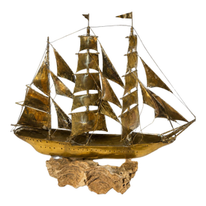 Vintage Brass Sailing Ship Sculpture on Driftwood / Coral Base Nautical Decor