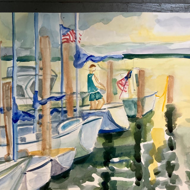 Mid-Century Modern 1980’s Original Vintage Sale Boats in Harbor Watercolor Painting Signed For Sale - Image 3 of 5