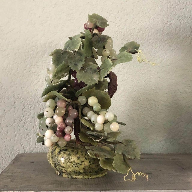 Antique Oriental Asian Carved Jade Grapevine Tree With Jade Vase