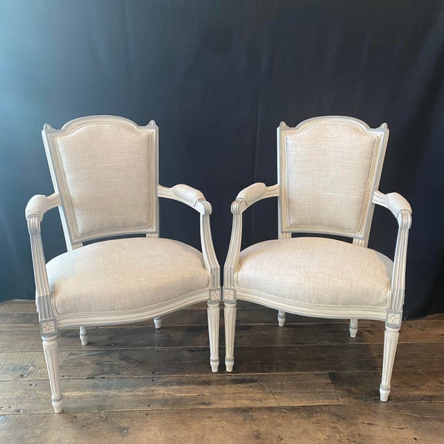 Wood Antique French Louis XVI Neoclassical Painted Armchairs or Fauteuils -a Pair For Sale - Image 7 of 13