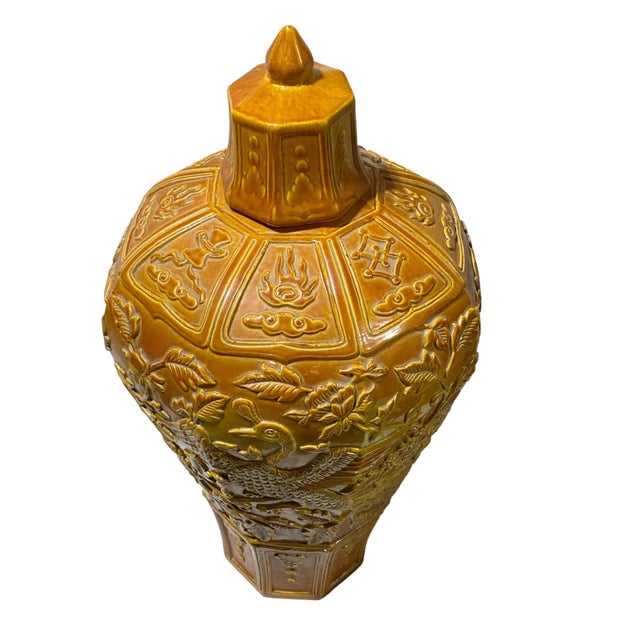 Lg Chinoiserie Octagonal Imperial Yellow Porcelain Famille Jaune Vase 21.5" H For Sale - Image 9 of 10