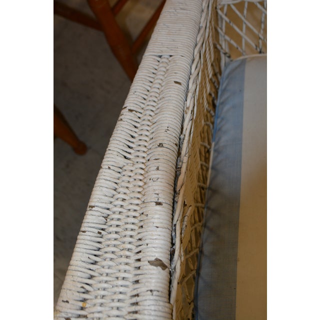 Vintage White Wicker Wing Back Arm Chair W/ Blue Cushions & Coil Sprung Seat For Sale - Image 16 of 18