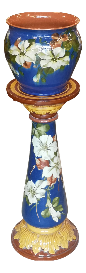 Blue Ceramic Planter and Stand, Set of 2