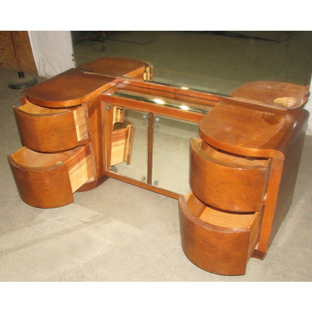 Art Deco Vintage Art Deco Wooden Curved Mirrored Vanity For Sale - Image 3 of 6