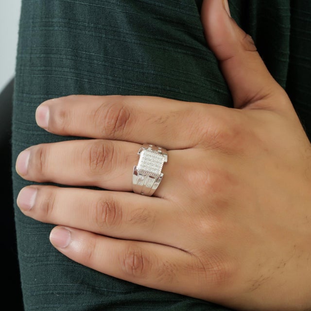 Modernist Heavy Sterling Silver Unisex Wide Band Ring With Round Pavé Moissanite Size 8 For Sale - Image 4 of 15